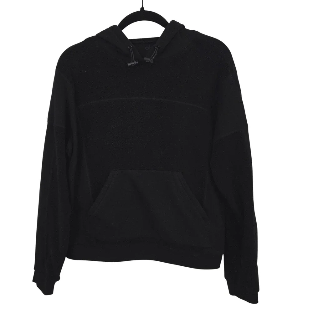 Alo Yoga Womens small‎ Black Sherpa Polar Fleece Mixed Media Pullover Hoodie